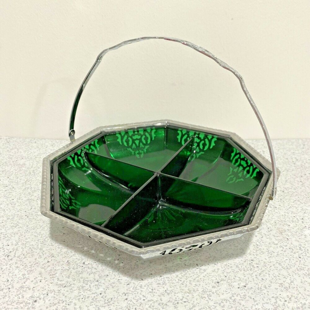 Vintage candy dish ornate pierced chrome basket retro green glass section dish